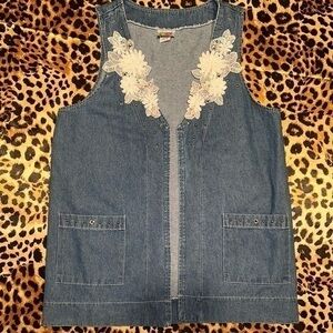 Vintage Cactus Lace Appliqué Denim Vest